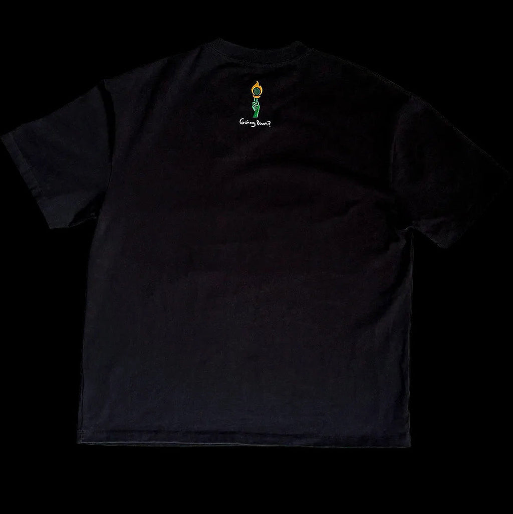 Back of black oversized t-shirt with FOR THE THINKERS™ torch logo and "Going Down?" text.