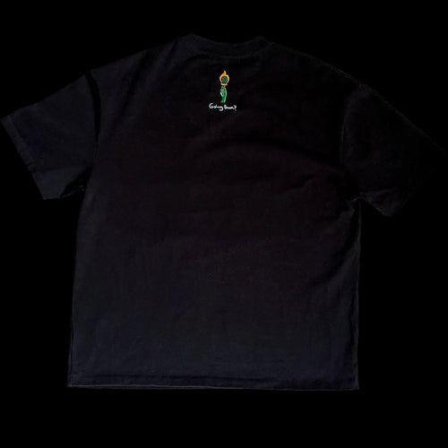 Back of black oversized t-shirt with FOR THE THINKERS™ torch logo and "Going Down?" text.