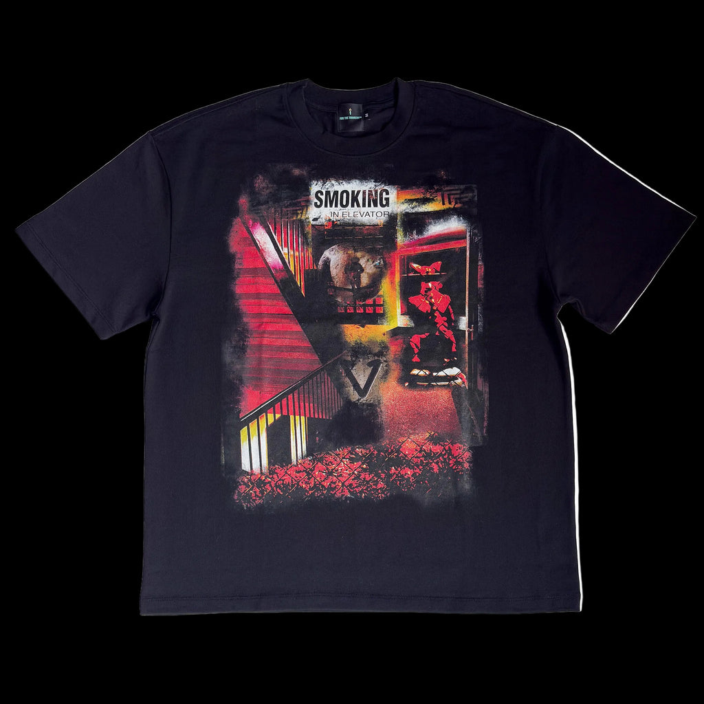 Black oversized t-shirt featuring "Going Down?" artwork from Drop 001 by FOR THE THINKERS™.