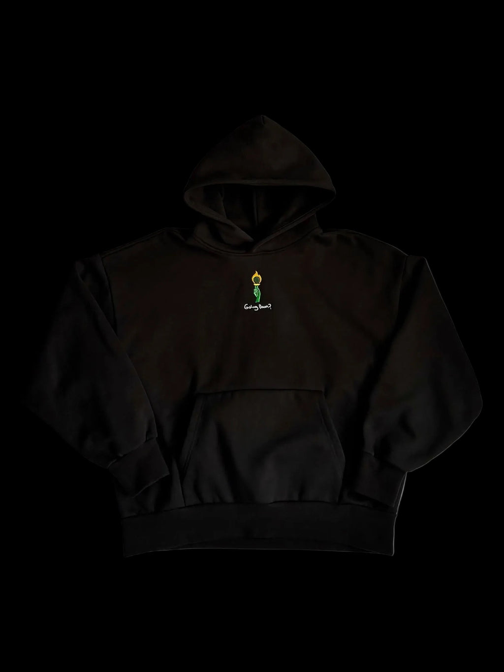 Front of black oversized hoodie featuring FOR THE THINKERS™ torch emblem and "Going Down?" embroidery.