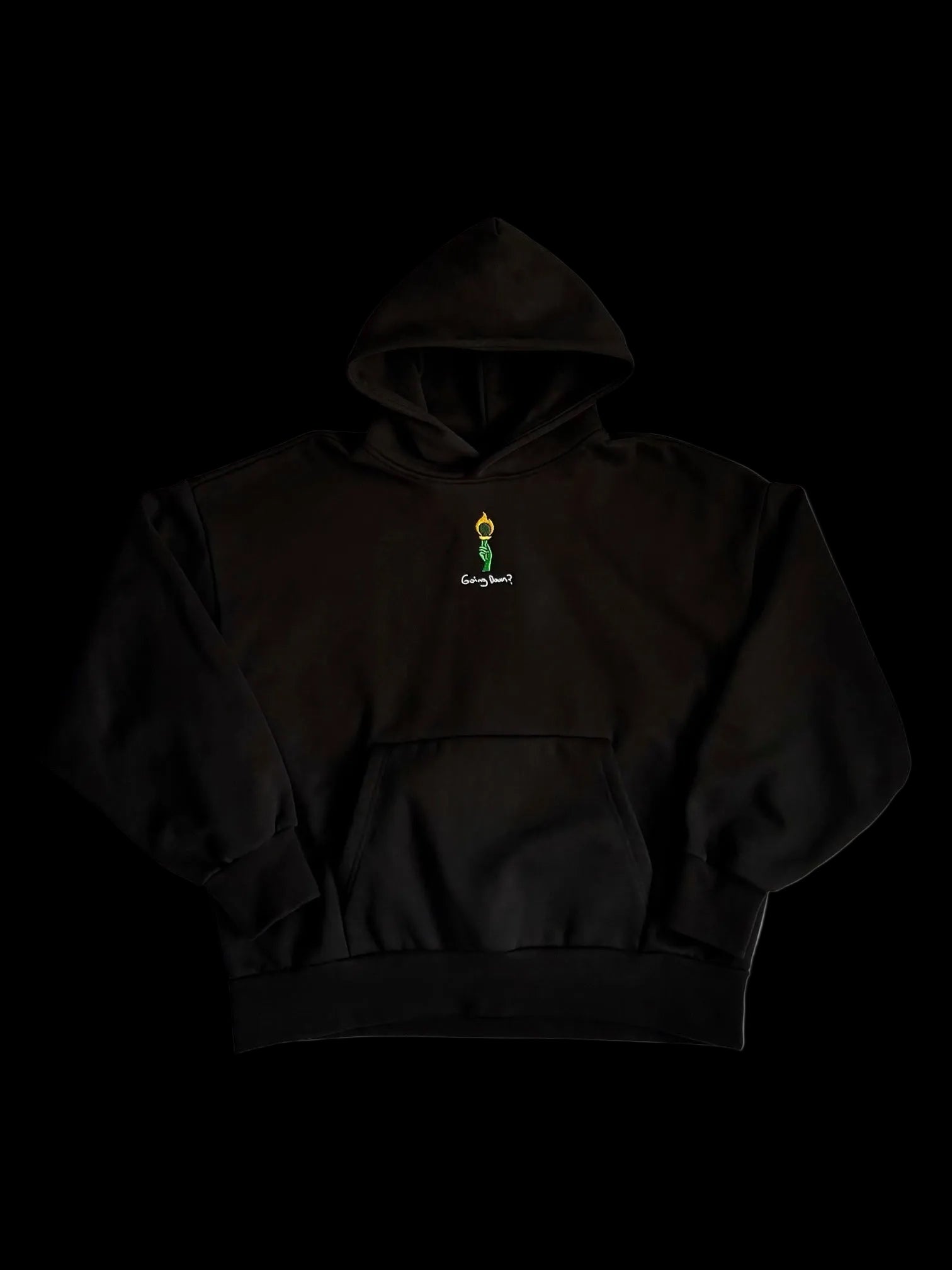 Front of black oversized hoodie featuring FOR THE THINKERS™ torch emblem and "Going Down?" embroidery.