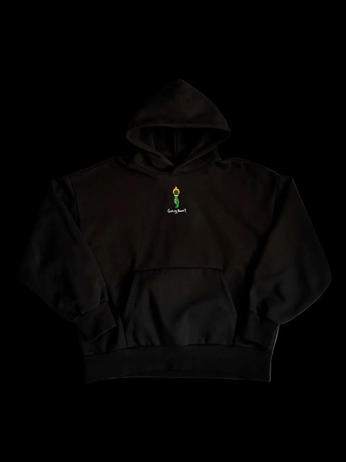 Front of black oversized hoodie featuring FOR THE THINKERS™ torch emblem and "Going Down?" embroidery.