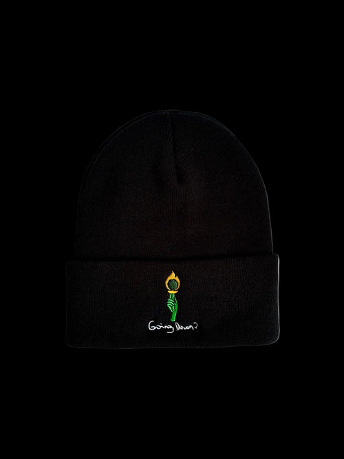 Black beanie featuring embroidered torch logo and "Going Down?" text from FOR THE THINKERS™ Drop 001 collection.