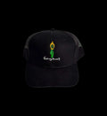 Black trucker hat with embroidered torch logo and "Going Down?" text from FOR THE THINKERS™.
