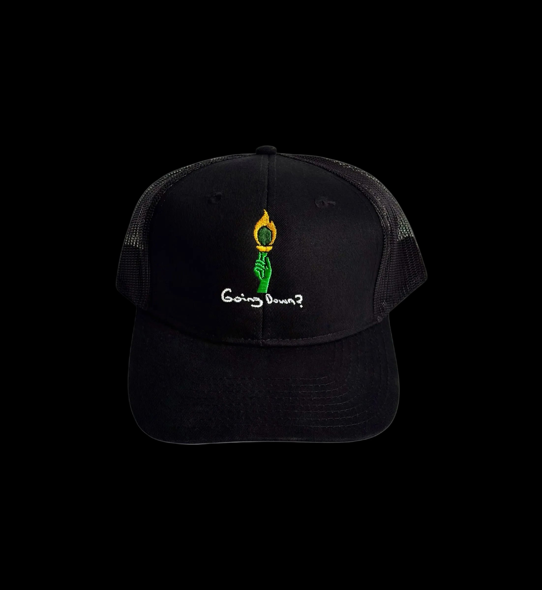 Black trucker hat with embroidered torch logo and "Going Down?" text from FOR THE THINKERS™.