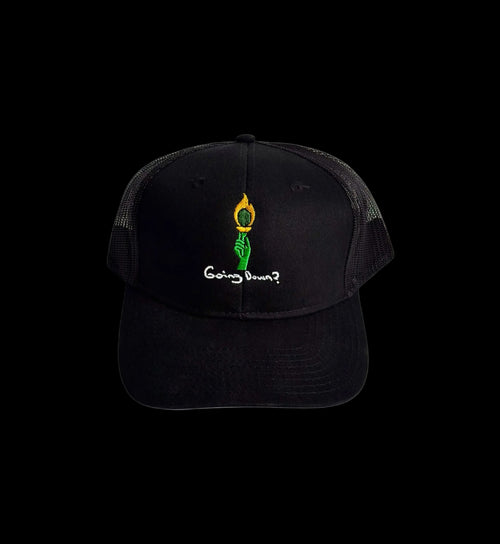 Black trucker hat with embroidered torch logo and "Going Down?" text from FOR THE THINKERS™.